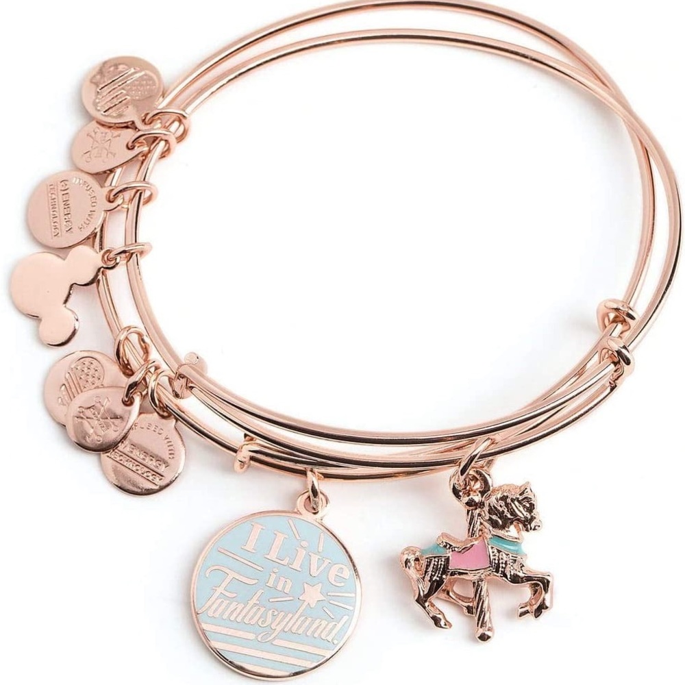 Disney I Live in Fantasyland Carousel Horse Bangle Bracelet Pair Set Rose Gold